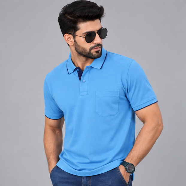 Premium Polo Cotton Baby Blue with Chest Pocket