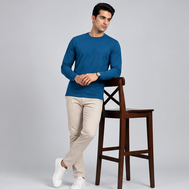 Crew Neck T-Shirt Full Sleeve Cotton Peacock Green Plain