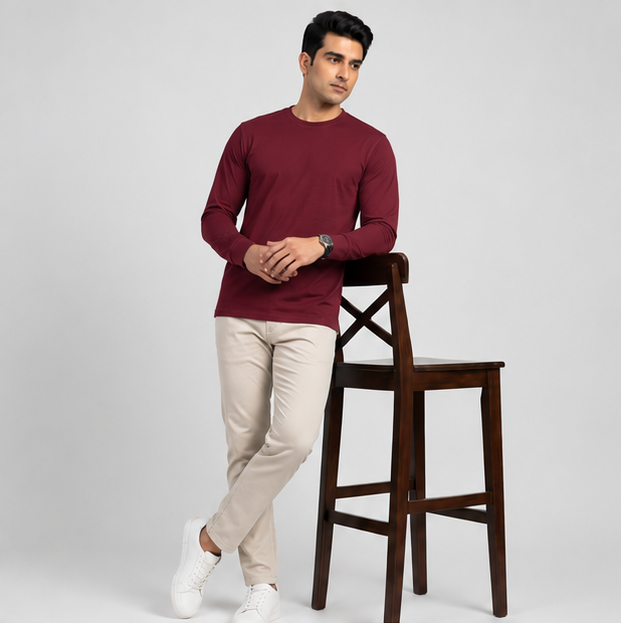 Crew Neck T-Shirt Full Sleeve Cotton Maroon Plain