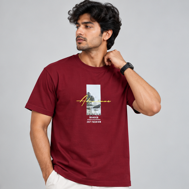 Crew Neck T-Shirt Cotton Maroon Printed