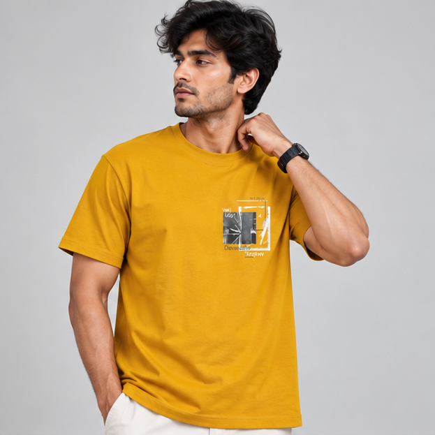 Crew Neck T-Shirt Cotton Mustard Yellow Printed