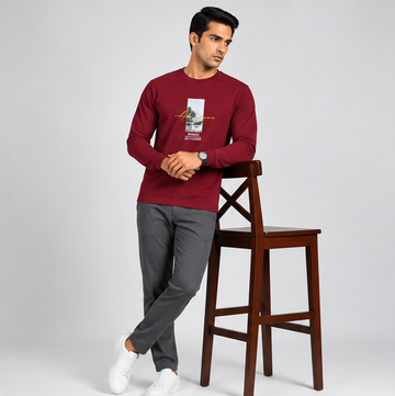 Crew Neck T-Shirt Full Sleeve Cotton Maroon Printed