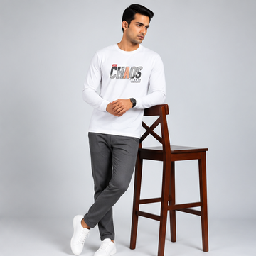 Crew Neck T-Shirt Full Sleeve Cotton White Printed