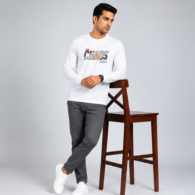 Crew Neck T-Shirt Full Sleeve Cotton White Printed