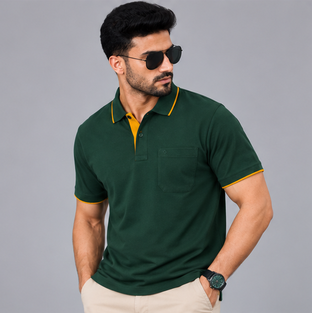 Premium Polo Cotton Bottle Green with Chest Pocket