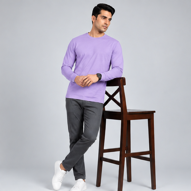 Crew Neck T-Shirt Full Sleeve Cotton Lavender Plain