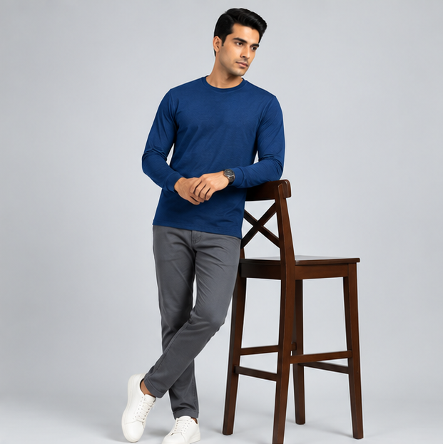 Crew Neck T-Shirt Full Sleeve Cotton Diesel Blue Plain