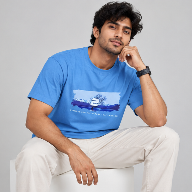 Crew NeckT-Shirt Cotton Baby Blue Printed