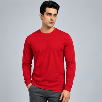 Crew Neck T-Shirt Full Sleeve Cotton Red Plain