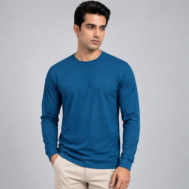 Crew Neck T-Shirt Full Sleeve Cotton Peacock Green Plain