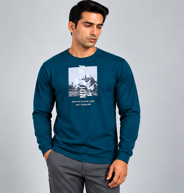 Crew Neck T-Shirt Full Sleeve Cotton Peacock Green Printed