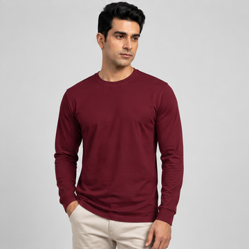 Crew Neck T-Shirt Full Sleeve Cotton Maroon Plain