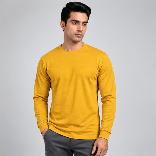 Crew Neck T-Shirt Full Sleeve Cotton Mustard Yellow Plain