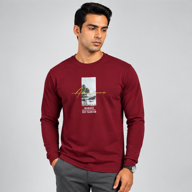 Crew Neck T-Shirt Full Sleeve Cotton Combo Maroon , Mustard Yellow , Peacock Green Printed