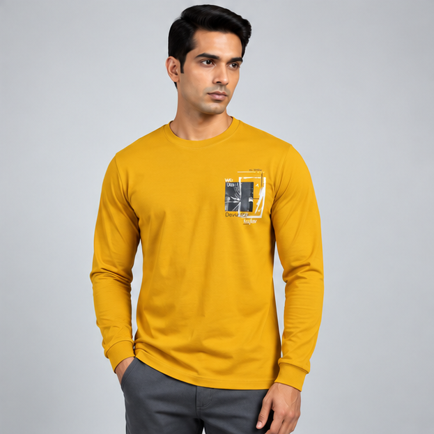 Crew Neck T-Shirt Full Sleeve Cotton Mustard Yellow Printed