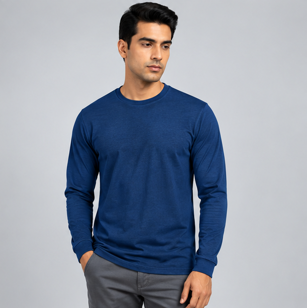 Crew Neck T-Shirt Full Sleeve Cotton Diesel Blue Plain