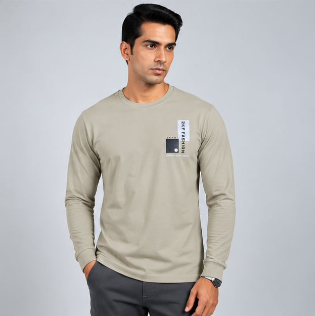Crew Neck T-Shirt Full Sleeve Cotton Smoked Gray Printed