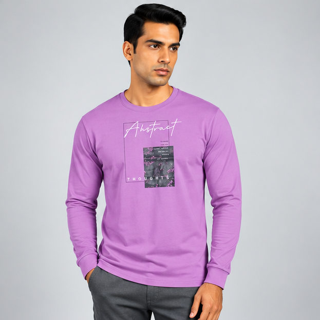 Crew Neck T-Shirt Full Sleeve Cotton Combo White , Baby Blue , Lavender Printed