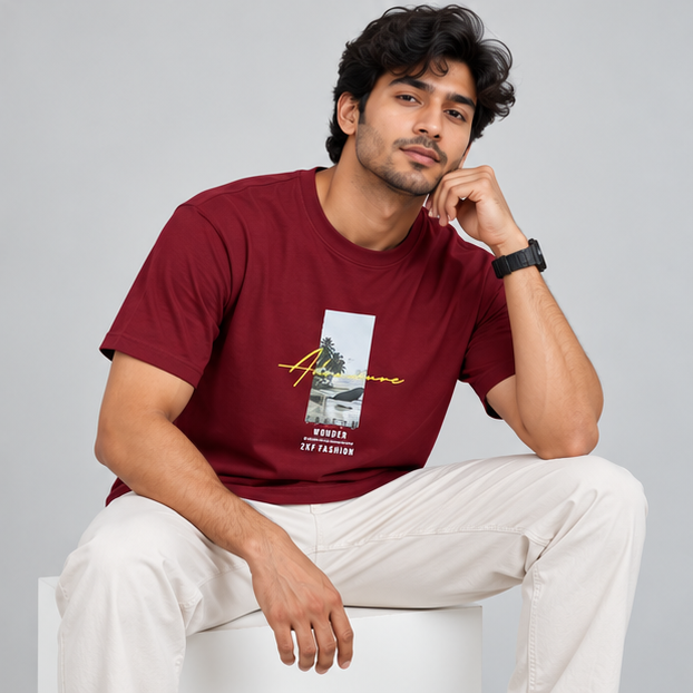 Crew Neck T-Shirt Cotton Maroon Printed