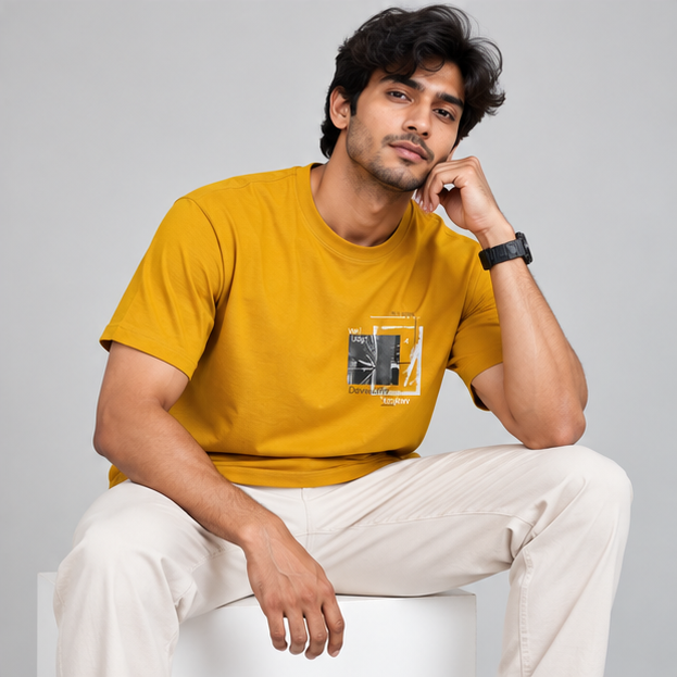 Crew Neck T-Shirt Cotton Mustard Yellow Printed