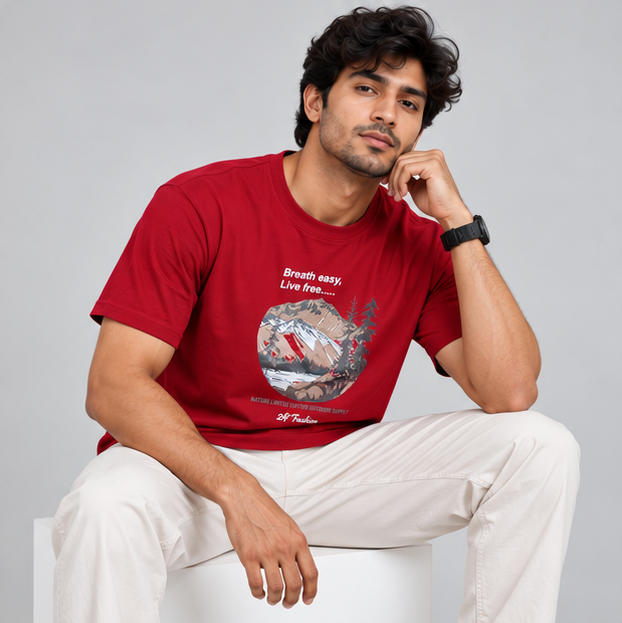 Crew Neck T-Shirt Cotton Red Printed
