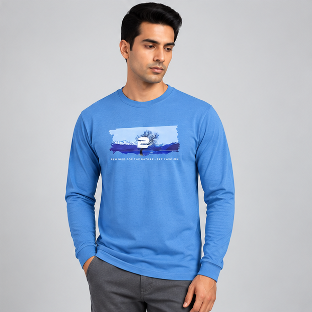 Crew Neck T-Shirt Full Sleeve Cotton Baby Blue Printed