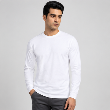 Crew Neck T-Shirt Full Sleeve Cotton White Plain