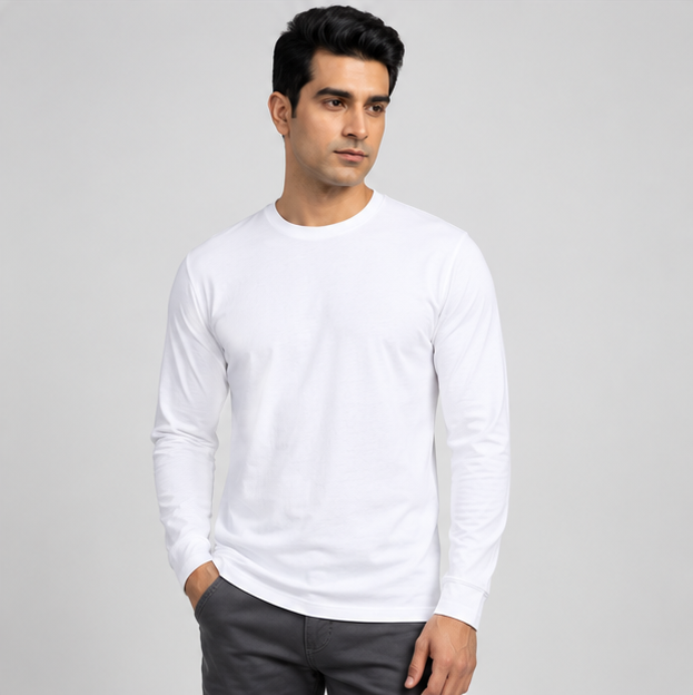 Crew Neck T-Shirt Full Sleeve Cotton White Plain