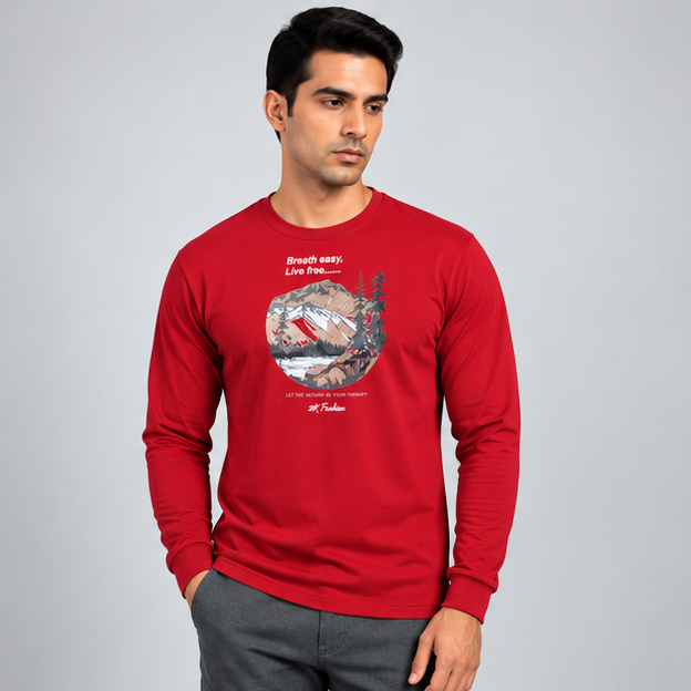 Crew Neck T-Shirt Full Sleeve Cotton Red Printed