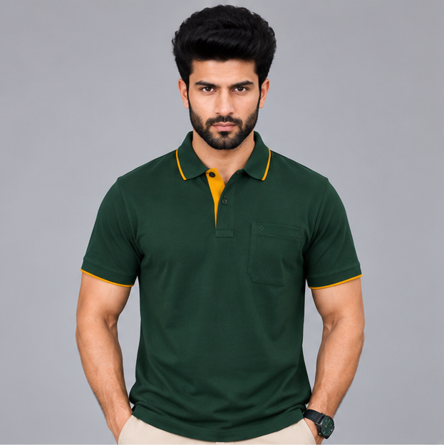 Premium Polo Cotton Bottle Green with Chest Pocket