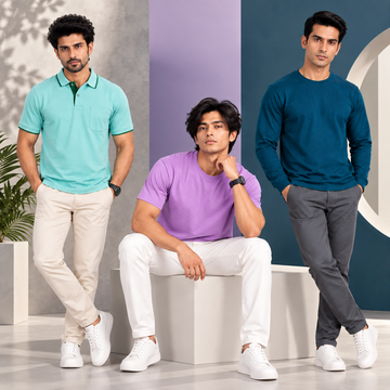 Combo of Premium Aqua Green Polo , Lavender T-Shirt , Peacock Green Full Sleeve T-Shirt