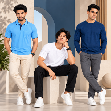 Combo of Premium Baby Blue Polo , White Crew neck T-Shirt , Diesel Blue Full Sleeve T-Shirt