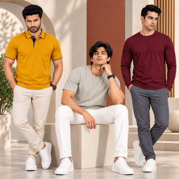 Combo of Premium Mustard Yellow Polo , Smoked Grey Crewneck T-Shirt , Maroon Full Sleeve T-Shirt
