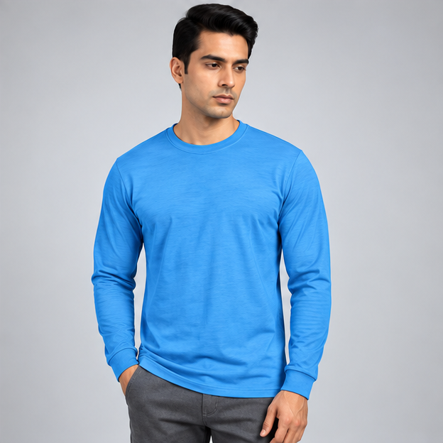 Crew Neck T-Shirt Full Sleeve Cotton Baby Blue Plain
