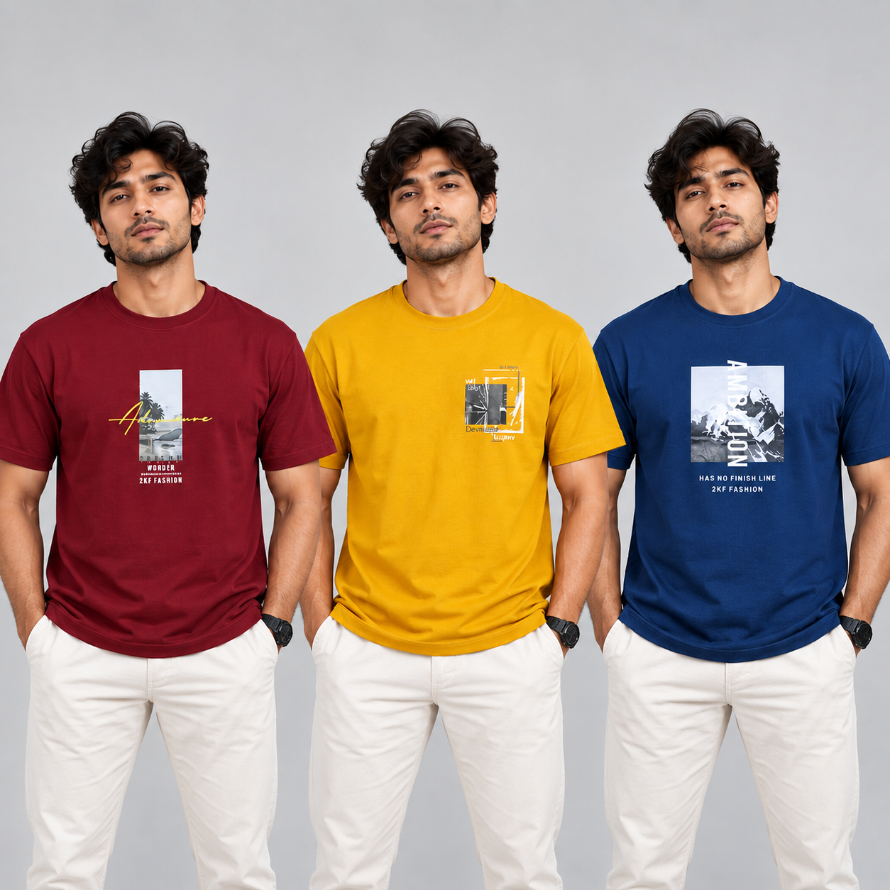 Crew Neck T-Shirt Cotton Combo Maroon , Mustard Yellow , Peacock Green Printed