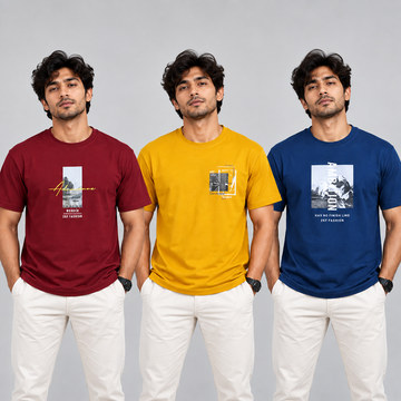 Crew Neck T-Shirt Cotton Combo Maroon , Mustard Yellow , Peacock Green Printed