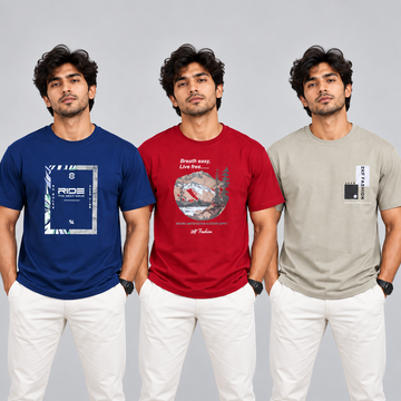 Crew Neck T-Shirt Cotton Combo Diesel Blue , Red , Smoked Grey Printed