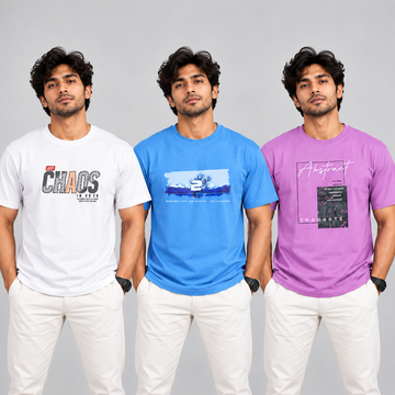 Crew Neck T-Shirt Cotton Combo White , Baby Blue , Lavender Printed