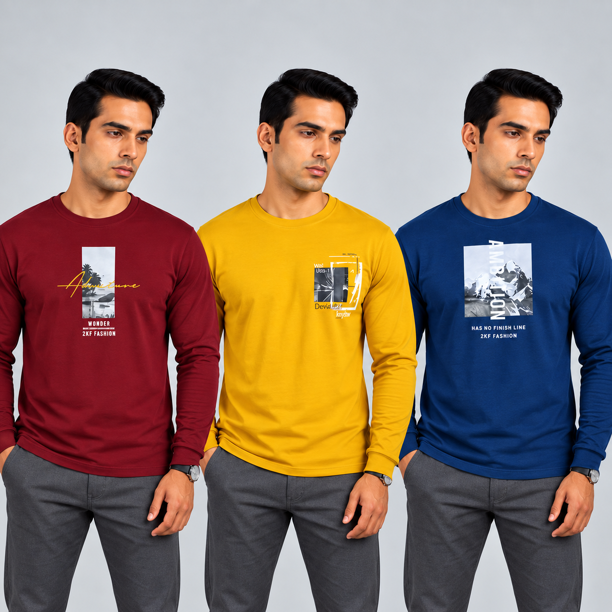 Crew Neck T-Shirt Full Sleeve Cotton Combo Maroon , Mustard Yellow , Peacock Green Printed