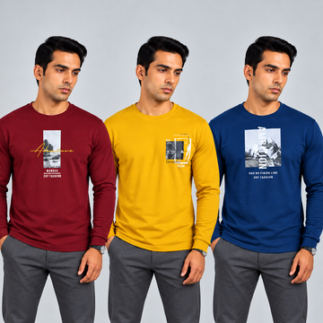 Crew Neck T-Shirt Full Sleeve Cotton Combo Maroon , Mustard Yellow , Peacock Green Printed