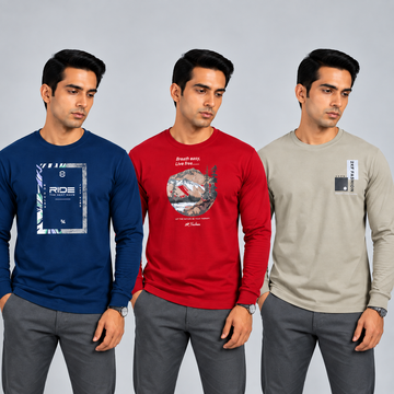 Crew Neck T-Shirt Full Sleeve Cotton Combo Diesel Blue , Red , Smoked Grey Printed