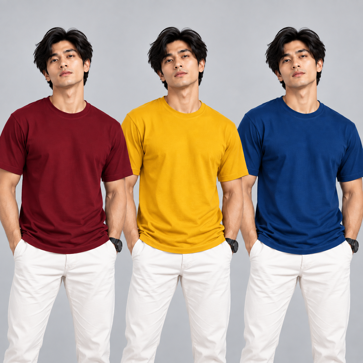 Crew Neck T-Shirt Cotton Combo Peacock Green , Mustard Yellow , Maroon Plain