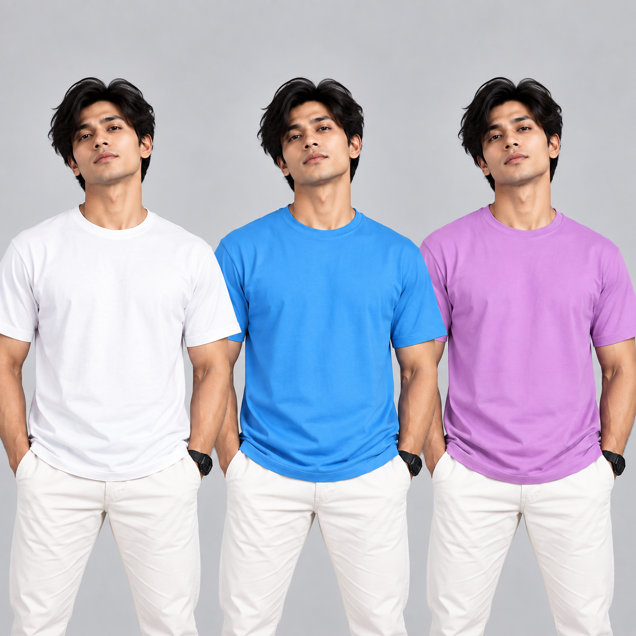 Crew Neck T-Shirt Cotton Combo White , Baby Blue , Lavender Plain