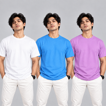 Crew Neck T-Shirt Cotton Combo White , Baby Blue , Lavender Plain