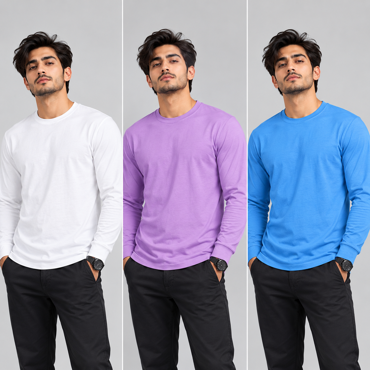 Crew Neck T-Shirt Full Sleeve Cotton Combo White , Baby Blue , Lavender