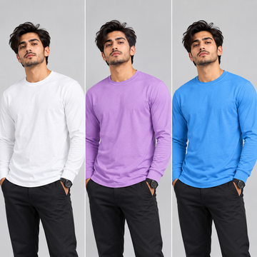 Crew Neck T-Shirt Full Sleeve Cotton Combo White , Baby Blue , Lavender