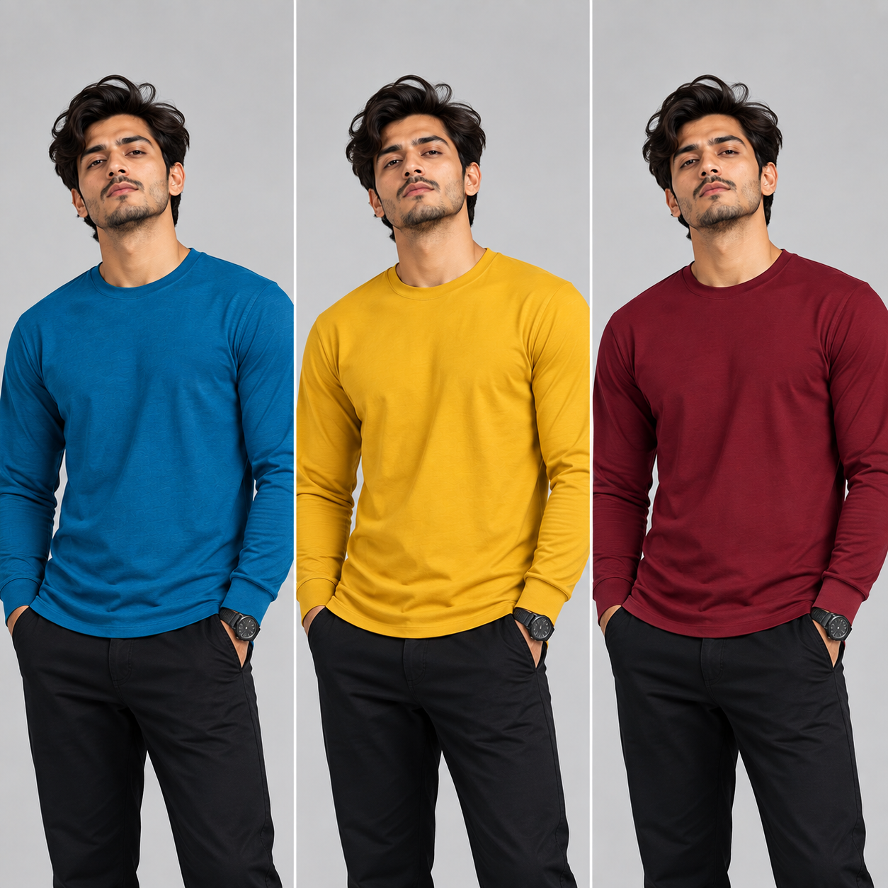 Crew Neck T-Shirt Full Sleeve Cotton Combo Maroon , Mustard Yellow  , Peacock Green Plain