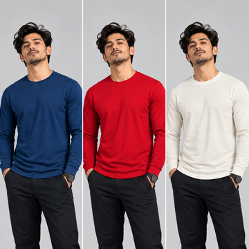 Crew Neck T-Shirt Full Sleeve Cotton Combo Diesel Blue , Red , Smoked Grey