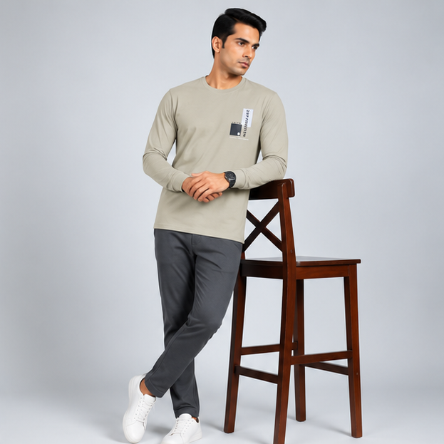 Crew Neck T-Shirt Full Sleeve Cotton Combo Diesel Blue , Red , Smoked Grey Printed