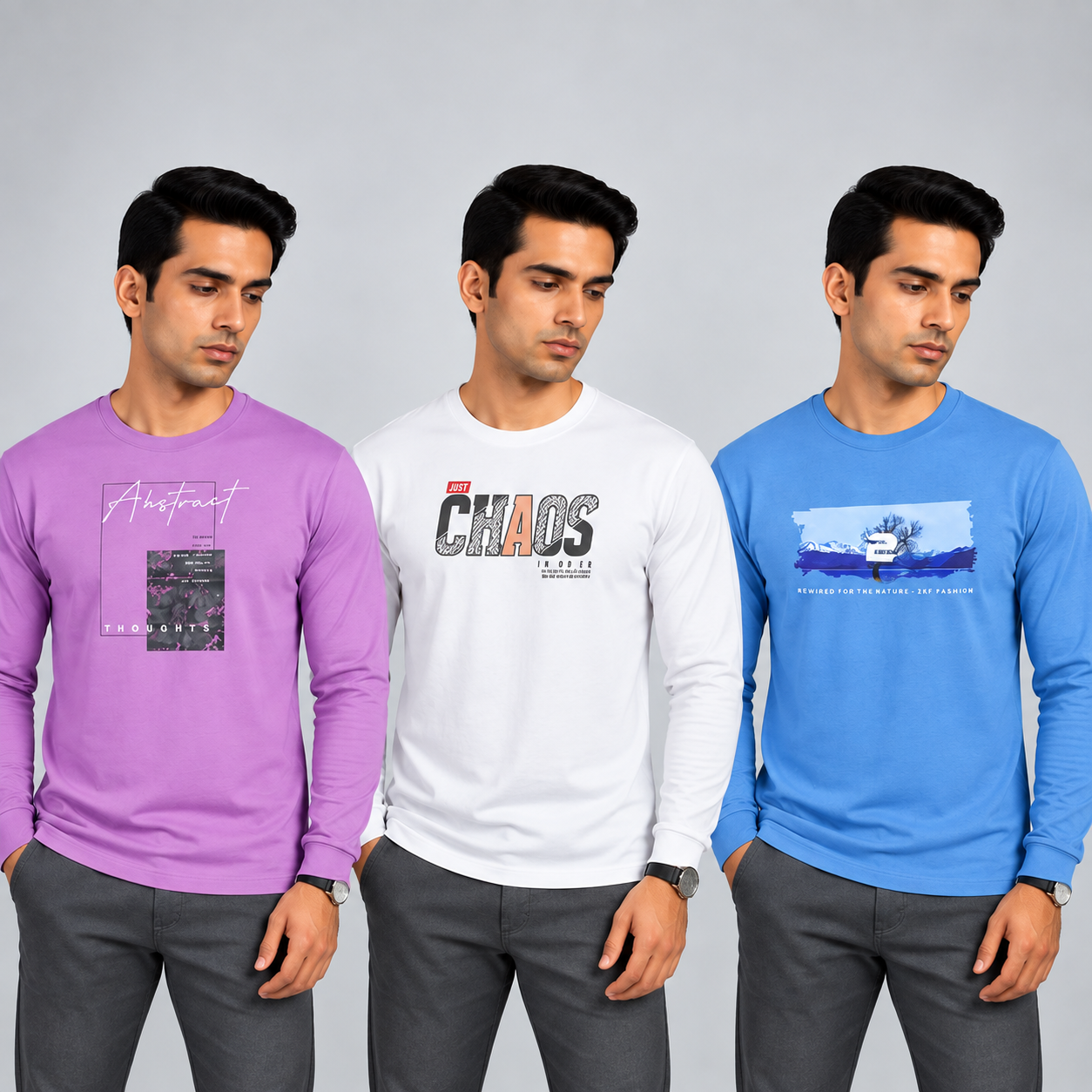 Crew Neck T-Shirt Full Sleeve Cotton Combo White , Baby Blue , Lavender Printed